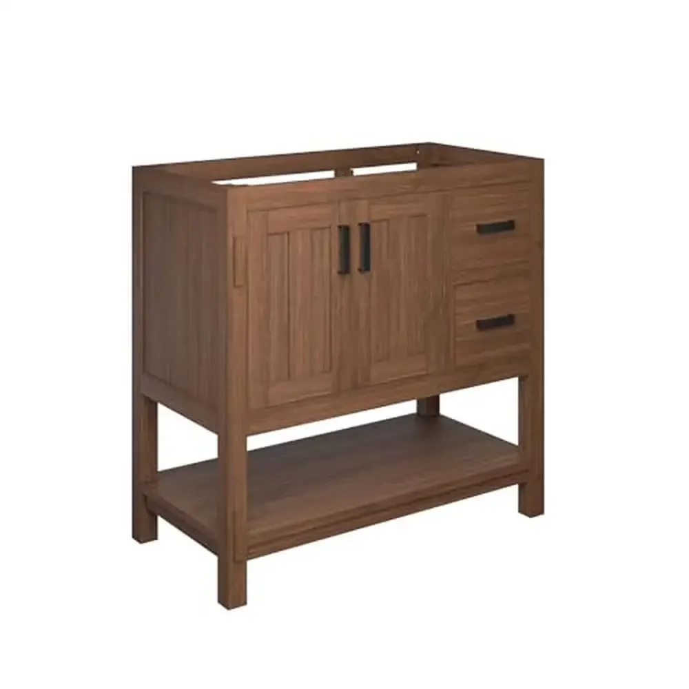 Mid-Century Modern Mindi Wood Bathroom Vanity Cabinet Storage Drawers Open Shelf Not Included Walnut Organic Elegant Towel 2