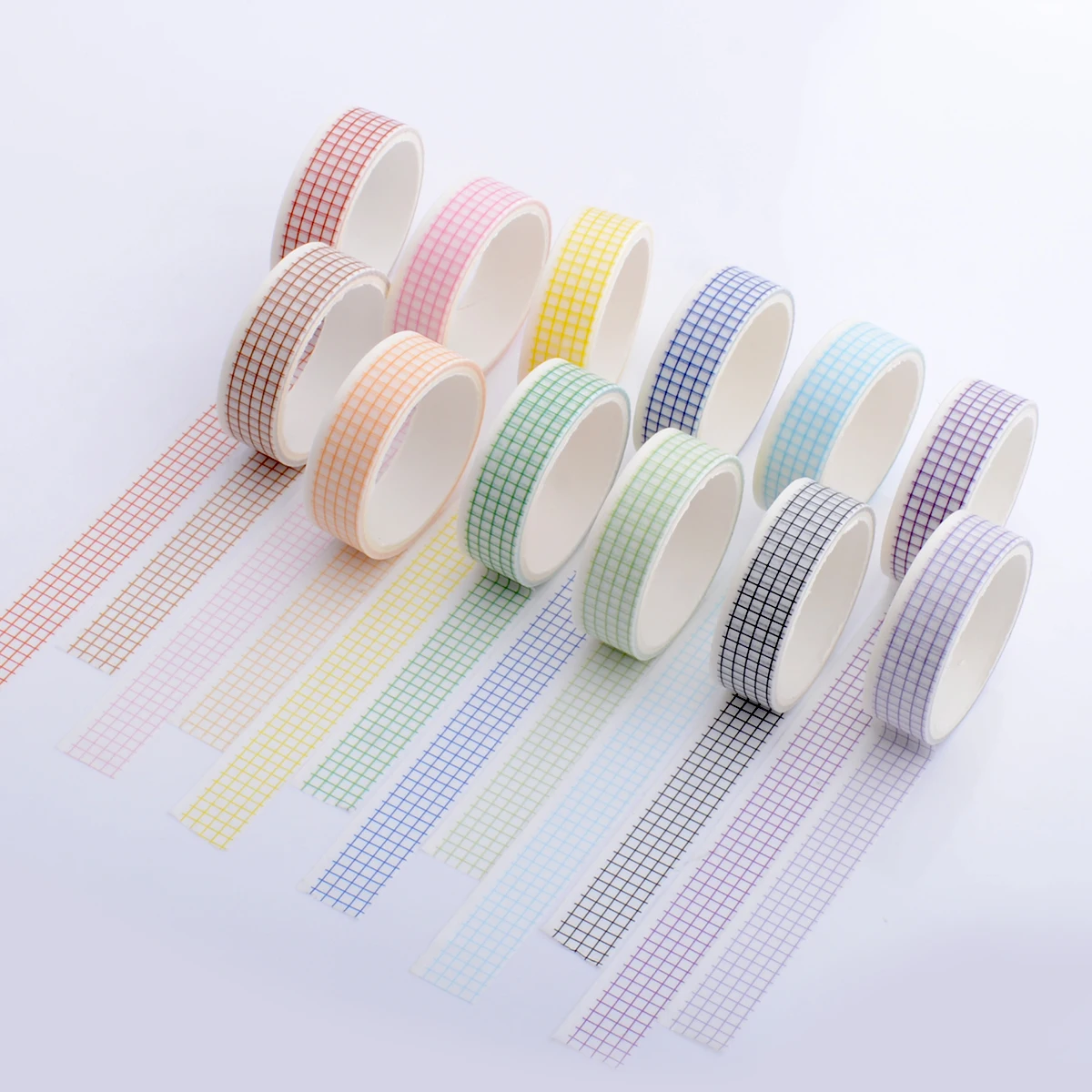12Rolls Basic Washi Tapes Kawaii Stationery Masking Tape Journal Supplies Diary Decorative Adhesive Tape Grid Washi Set