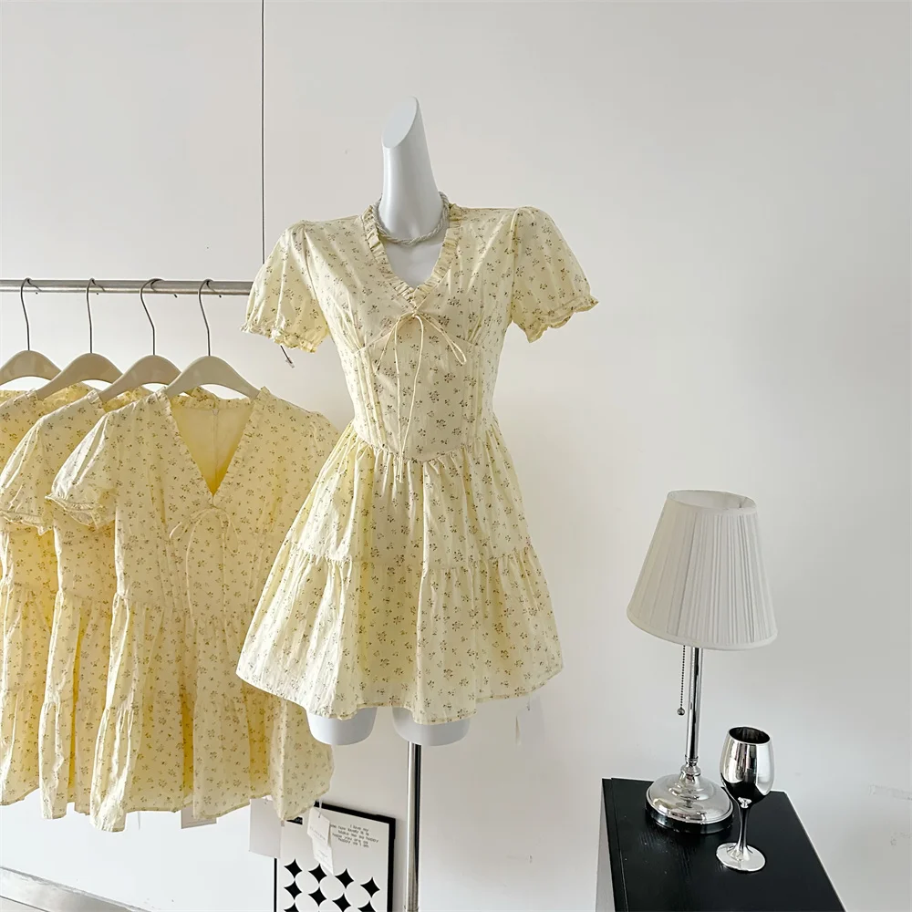 French Floral Printed Short Dresses for Women Y2K V-neck High Waist Birthday Party Dress Korean Chic Prom A-line Summer Vestidos