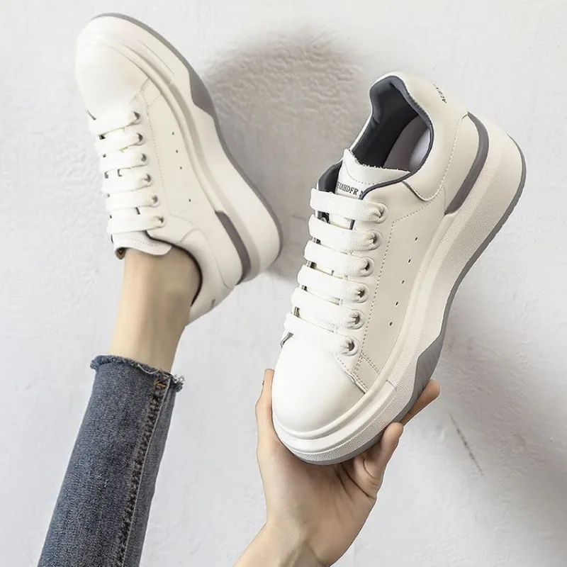 Split Leather White Shoes Women's Spring Thick-soled Heightened Casual Sneakers Popular Versatile Sneaker Zapatos De Mujer 4