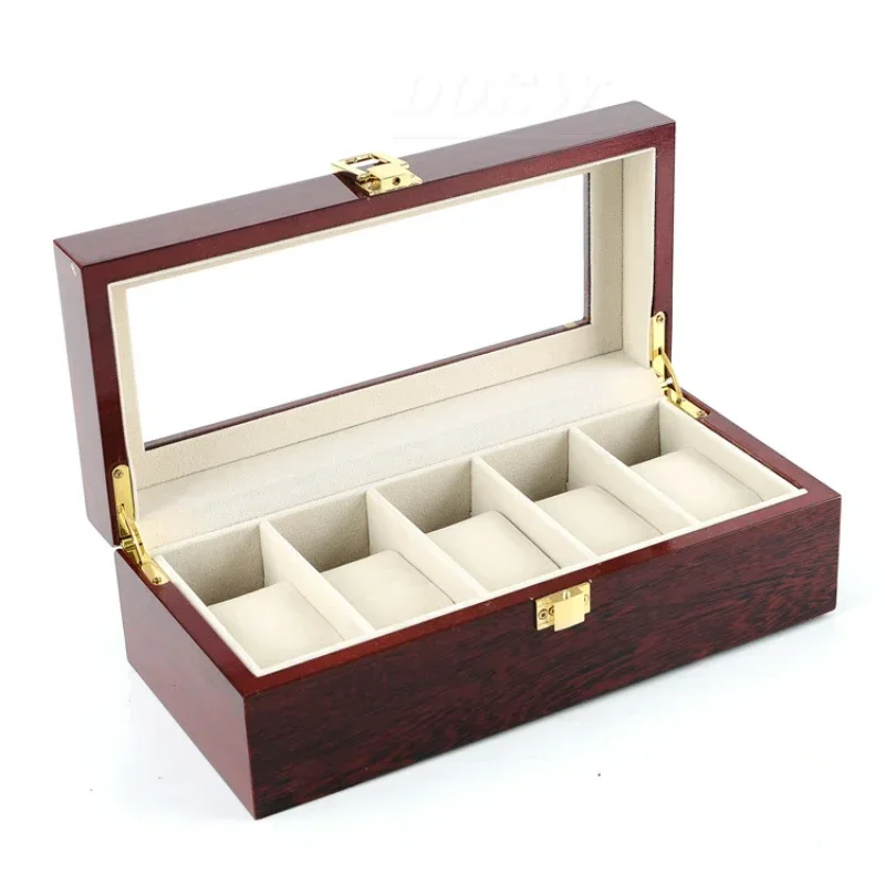 Wood piano painted watch box Lovers watch storage box Red wood glass skylight display