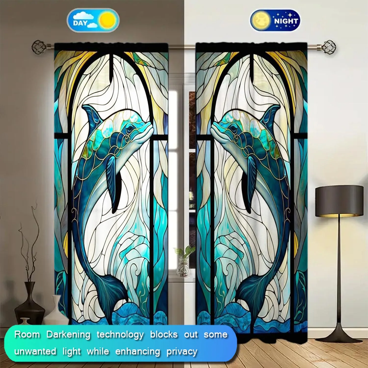 2-Panels Stained Glass Dolphin Decorative Curtains, Semi Transparent Without Lining, Durable Polyester Fiber Curtains 5