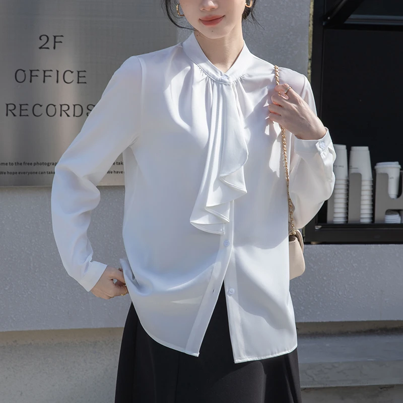 QOERLIN French Elegant with Streamer Bow Tie White Blue Shirts 2024 New Spring Autumn Long Sleeve Commuter Office Tops Blouse blouses lace splicing hollow out blouse in blue size s