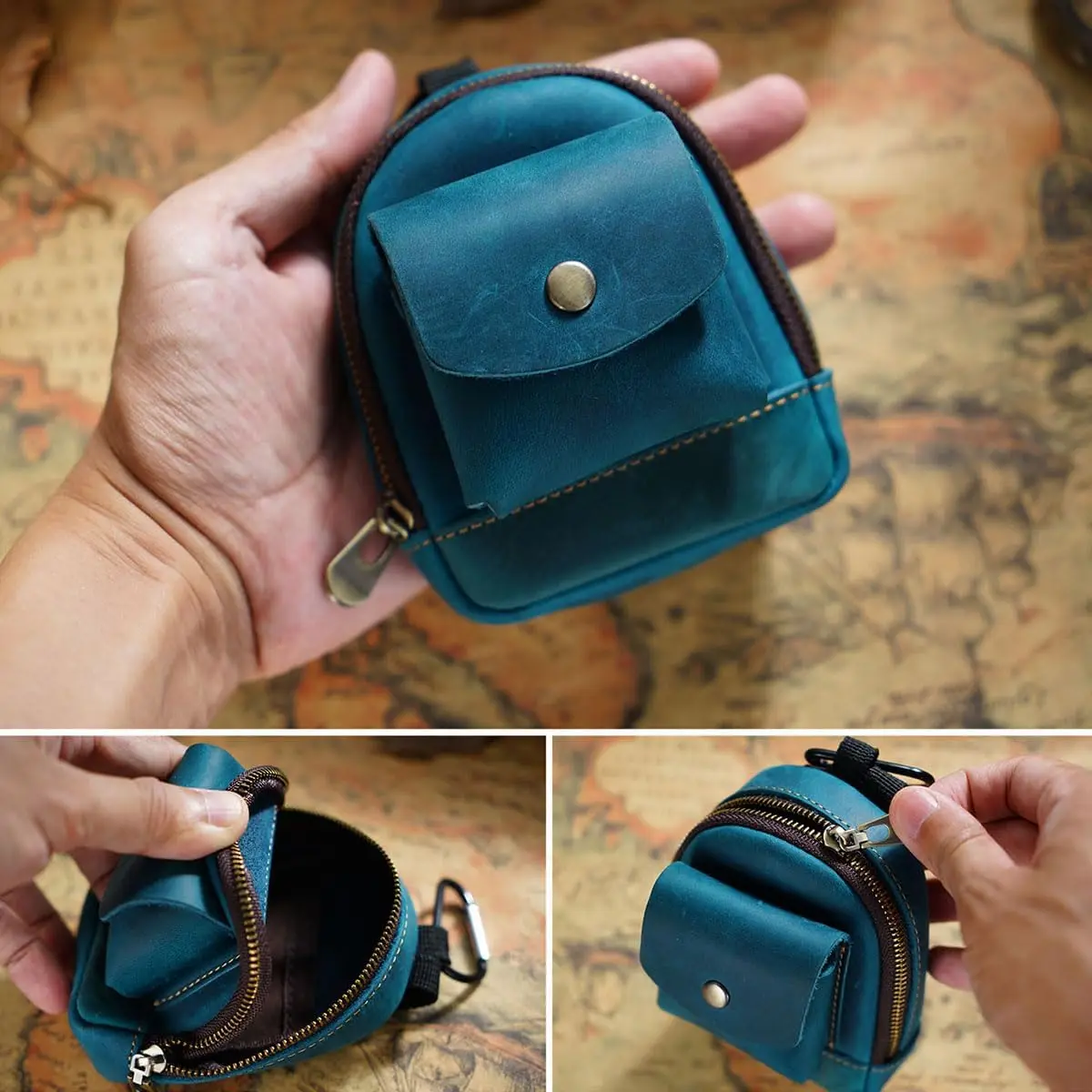 Genuine Leather Coin Purse Soft Change Purse with Hook and 2 Pockets Mini Coin Pouch Holder for Men Women Outdoor Sport Key Case