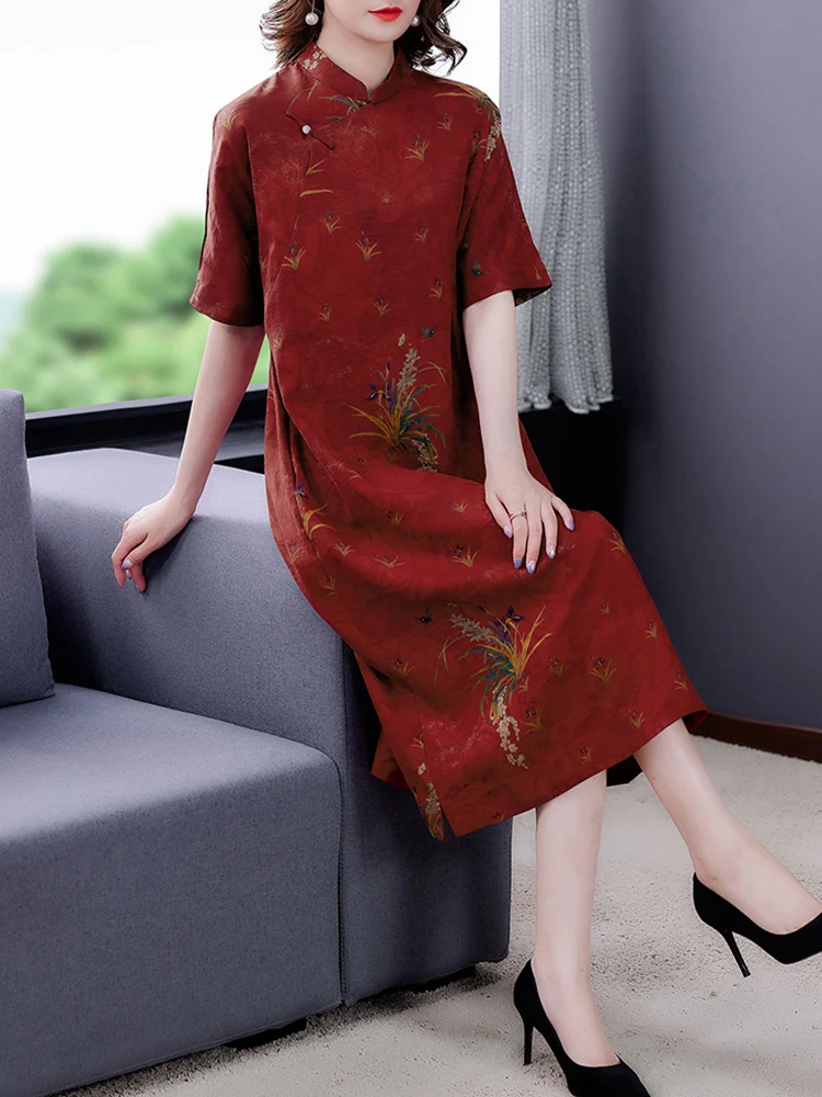 Mulberry Silk Satin Vintage Long Dresses For Women 2022 Fashion Casual Formal Dress Stand Party Vestidos Elegantes Para Mujer