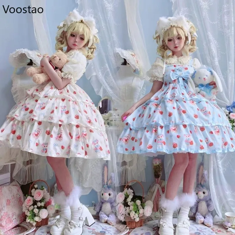 Japanese Kawaii Lolita Jsk Dress Women Sweet Cartoon Cat Print Bow Ruffles Strap Dress Girls Cute Tea Party Mini Cake Dresses