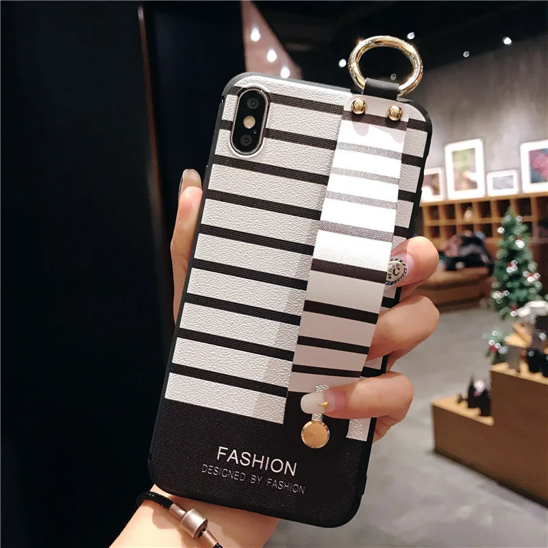 Black and White Stripes Wrist Strap Phone Holder with Soft TPU Cover