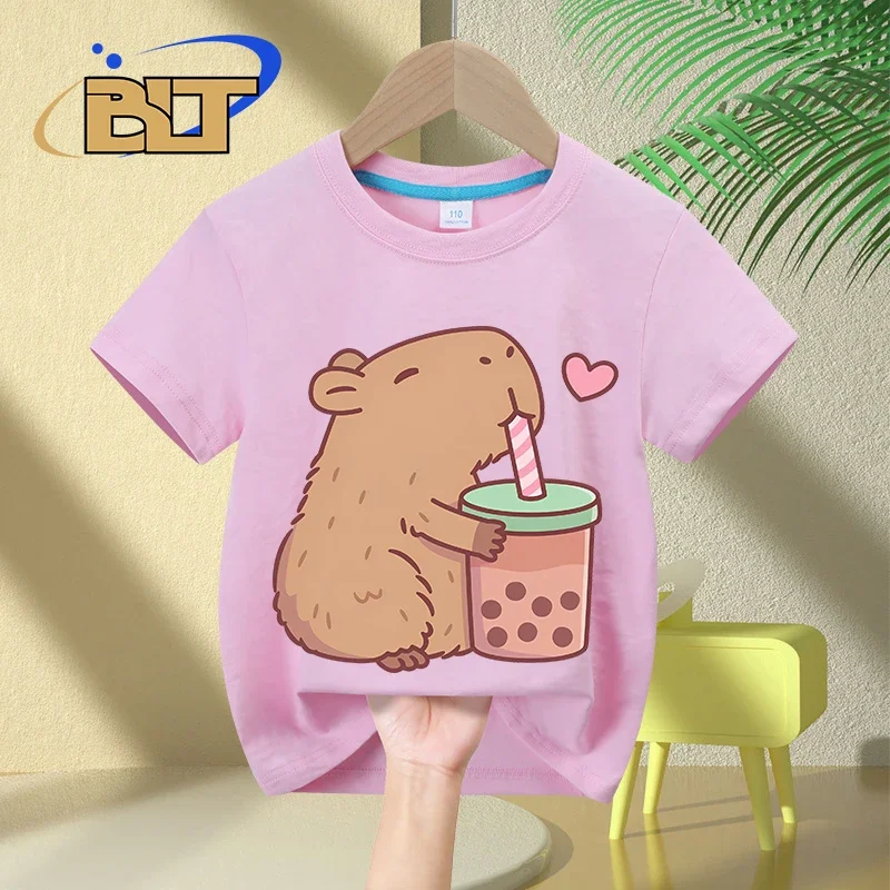 Kids T Shirt Cute Capybara Loves Bubble Tea print summer children's short-sleeved casual tops boys and girls gifts