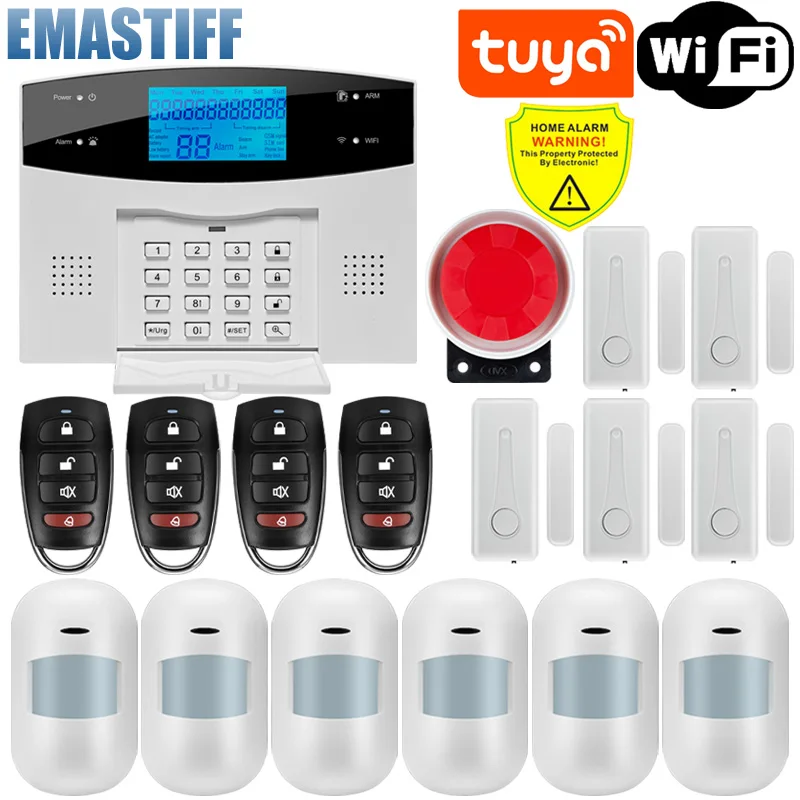 IOS Android APP Wired Wireless Home Security Tuya WIFI PSTN GSM Alarm System Intercom Remote Control Autodial Siren Sensor Kit 1