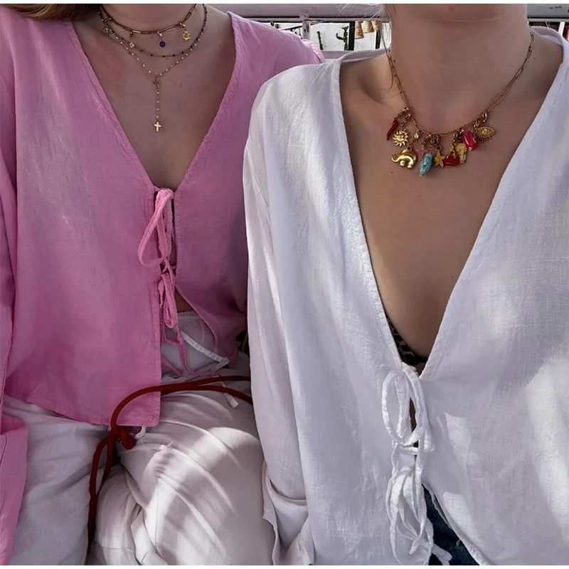 Fashion V-neck Lace Up Shirts Women Spring Summer New Casual Long Sleeve Blouse For Female Solid Elegant Street Lady Tops