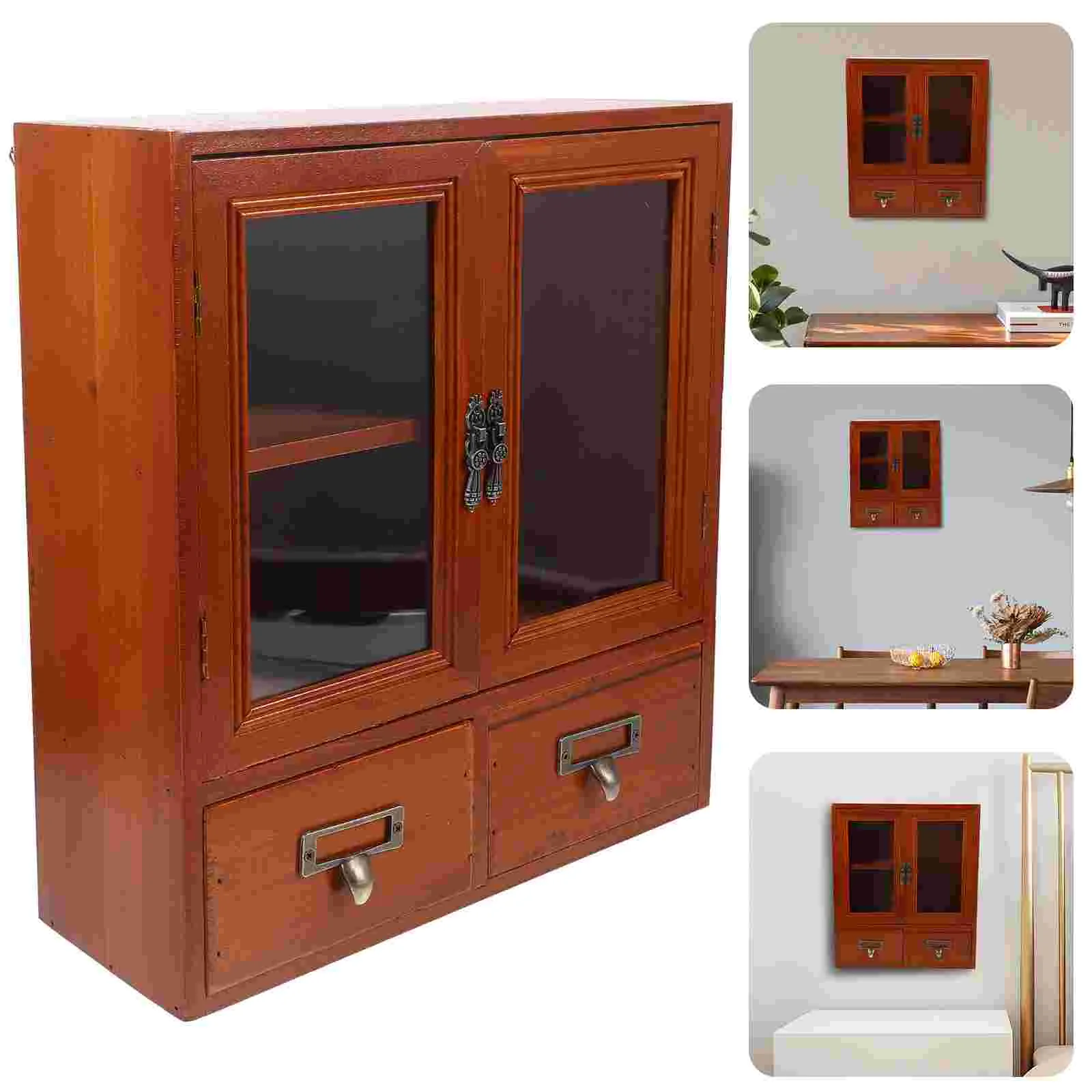 

Bathroom Wall Cabinet Wooden Kitchen Storage Cabinet Wall Display Cabinet Glass Double Doors Two Small Drawers Laundry Room