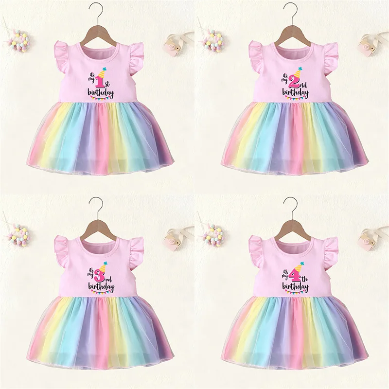 

Baby Girl Clothes It's My 1st 2nd 3rd 4th Birthday Dress Princess Pink Vestidos Toddler Girls Summer Rainbow Mesh Party Dresses