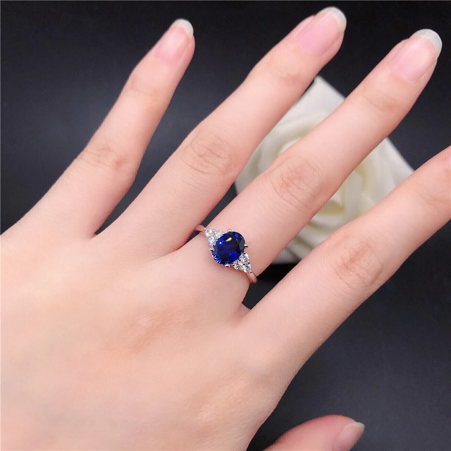 Solid 18K White Gold Rings Lady 1.5CT Oval Shape Sapphire Diamond Wedding Rings For Women Beautiful Birthday Jewelry 5