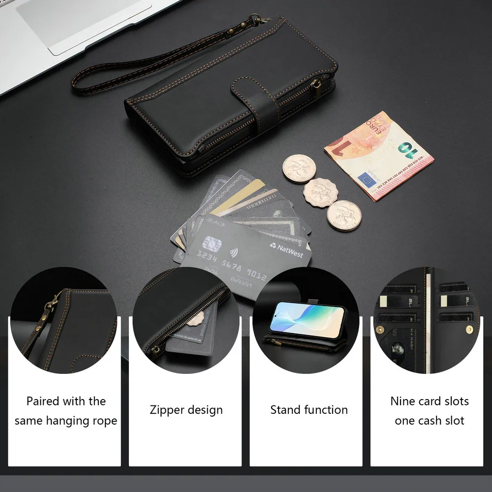 Luxurious Crossbody 9-Card Zipper Leather Wallet Case
