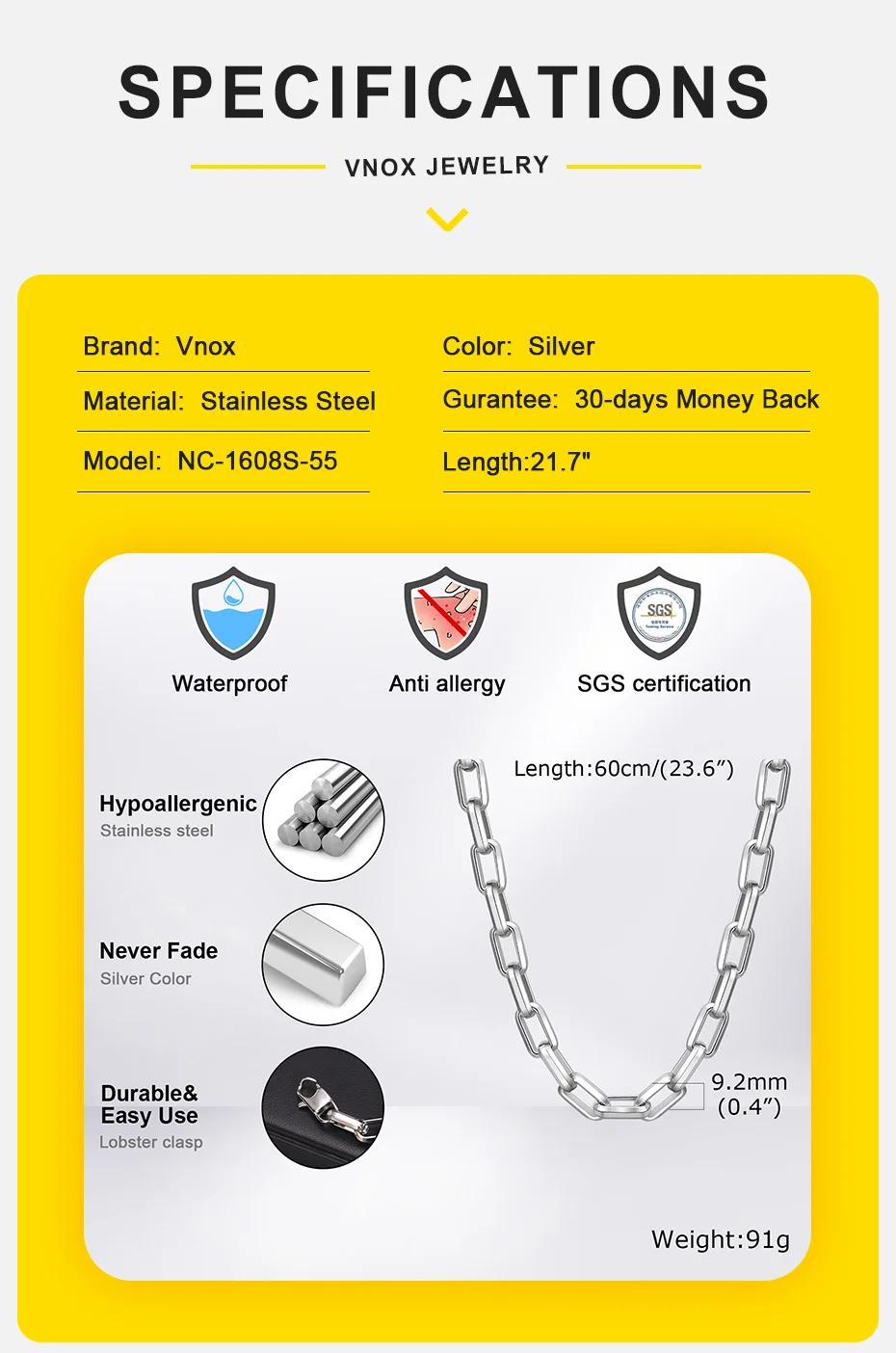 Vnox Herren klobige schwere rechteckige Kette Halsketten, HipHop Punk nie verblassen Stahl kette Kragen Hals reifen, Männer Frauen Unisex Schmuck – Detail 4