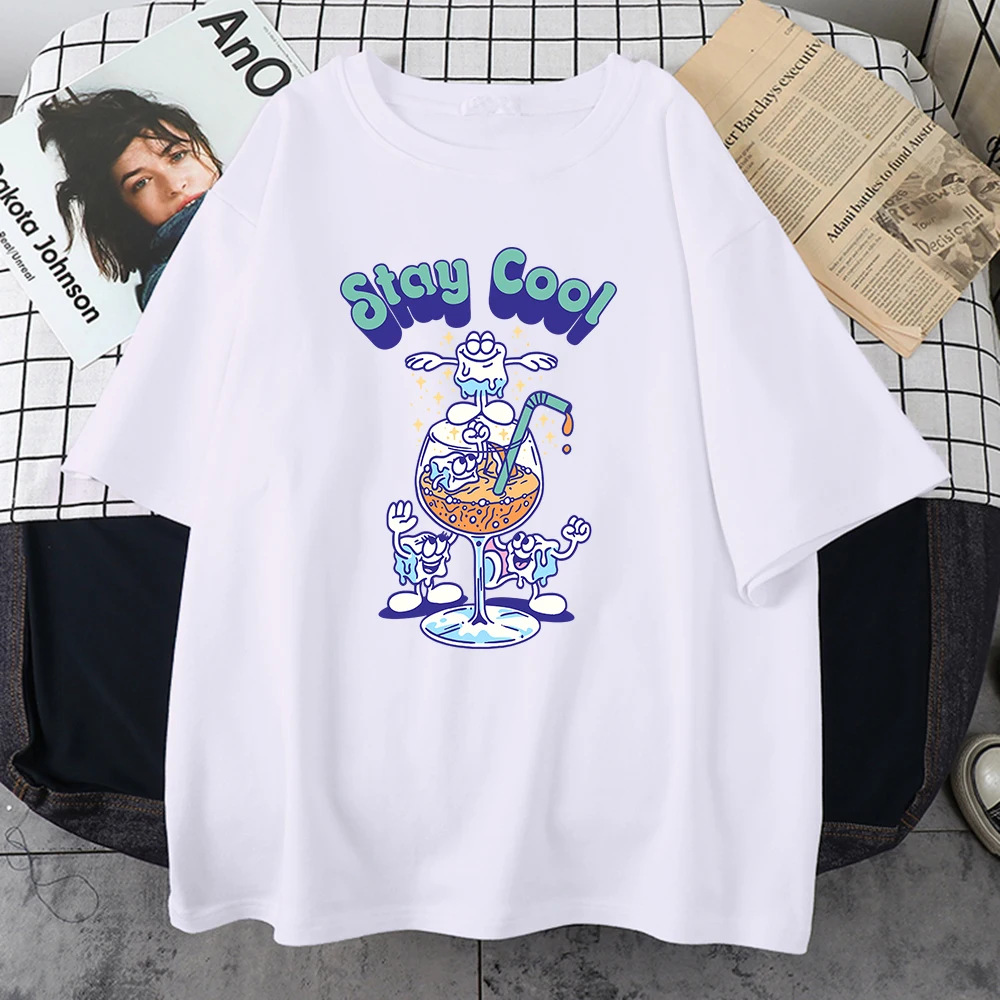 

Stay Cool Summer Ice Juice Drinks T Shirt Men Summer Daily Clothing Harajuku Casual Clothes Round Neck Aesthetic Short Sleeve