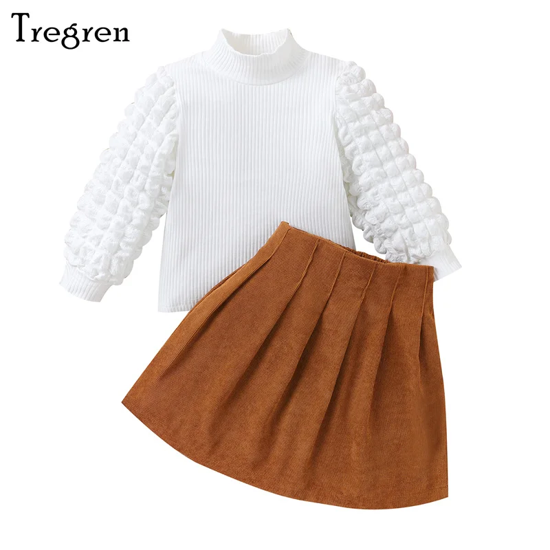 

Tregren 4-7Y Toddler Girls 2Pcs Fall Outfits Fashion Long Bubble Sleeve Mock Neck Tops Pleated Skirt Set Children Clothes