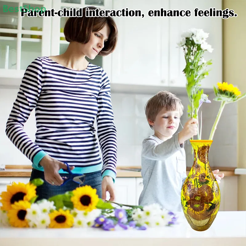 3D Puzzle Vase Flower Porcelain Design DIY Assembly Educational Toy Home Decoration House Arrangement Warming Christmas Gift Toy 3