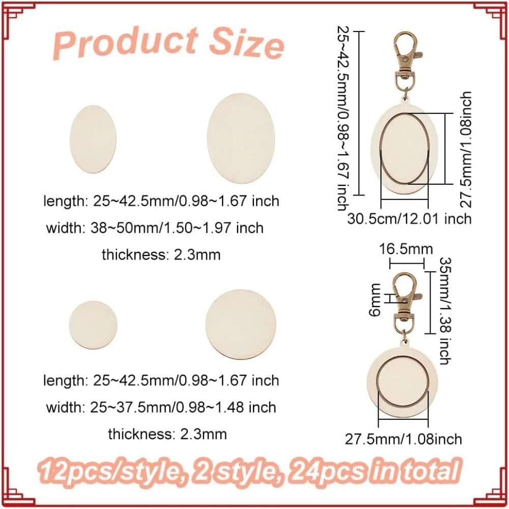 24 Pcs Mini Embroidery Hoop Keychain Tiny Wooden Cross Stitch Hoop with Lobster Claw Clasp Oval/Round Wood Pendant Kit for Craft