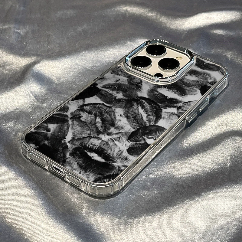 Electroplated Lens Frame Clear Phone Case with Black Lip Print Design