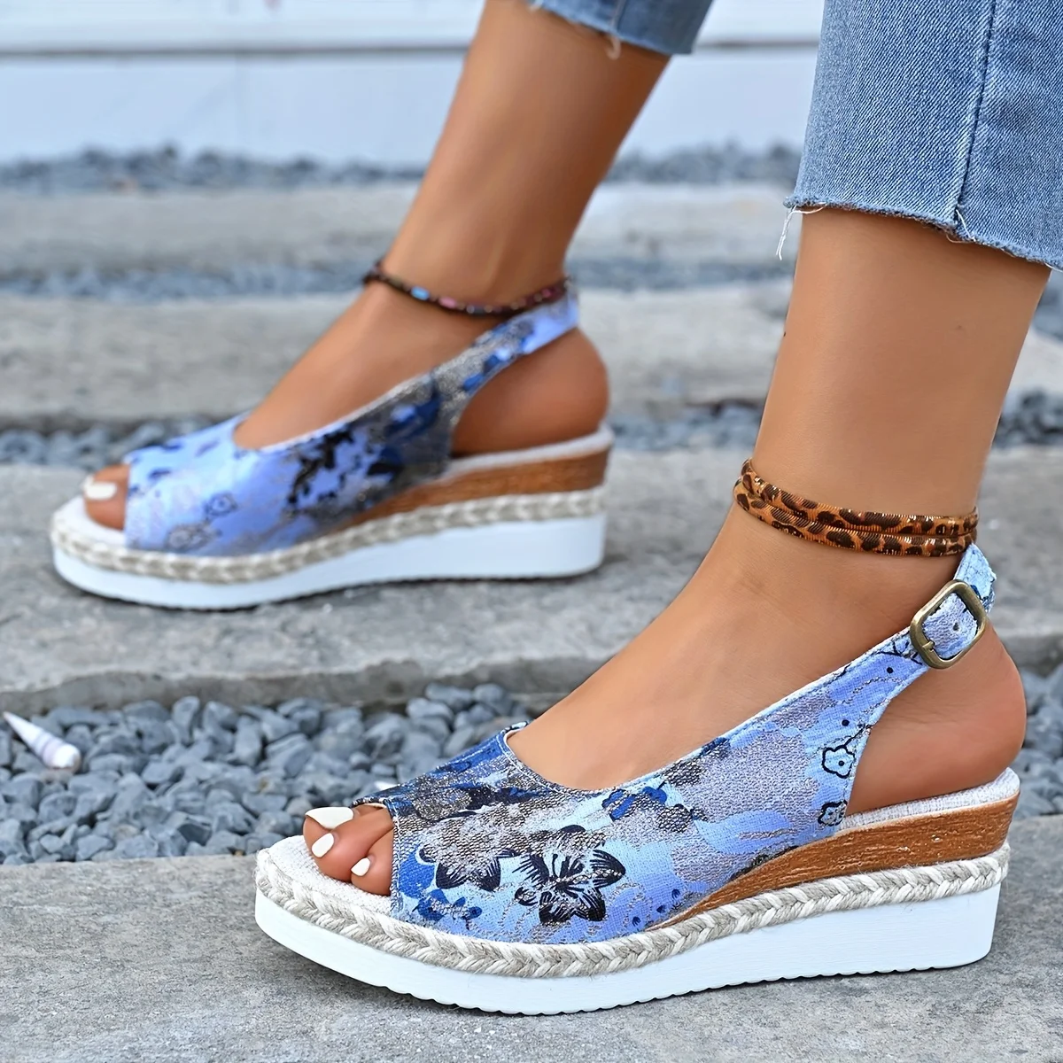 Wedge Flat Sandals Women Summer Slingbacks Peep Toe Platform Shoes for Women Light Non-slip Comfort Fabric Cushion Beach Sandals