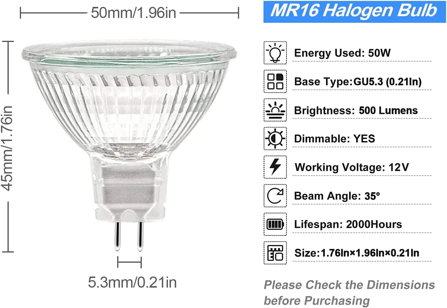 Halogen Spotlight Bulb 3-Piece MR16 Halogen Bulbs 50W 12V 10W 20W 35W 50W 230V MR16 Light Halogen Bulbs 2 Pin GU5.3 Base Dimmable High Output 2700K