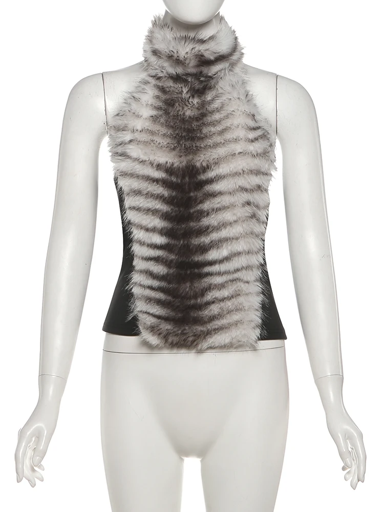 Nibber Backless Tiger Stripes Furry Tank Tops Women Autumn New Trend Sexy Halter Sleeveless Patchwork Midnight Party Clubwear