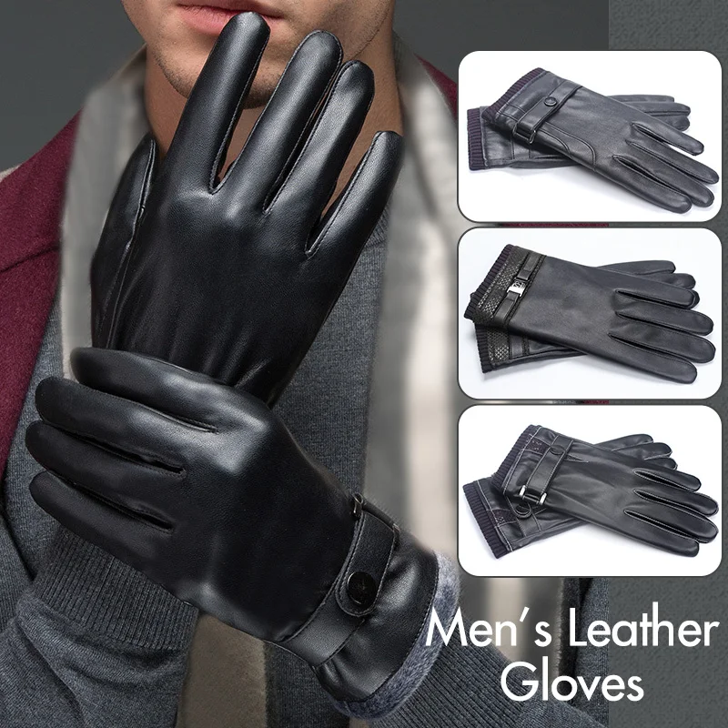 Men Gloves Winter Mittens Keep Warm Touch Screen Windproof Driving Gloves Male Autumn Winter PU Leather Gloves Business