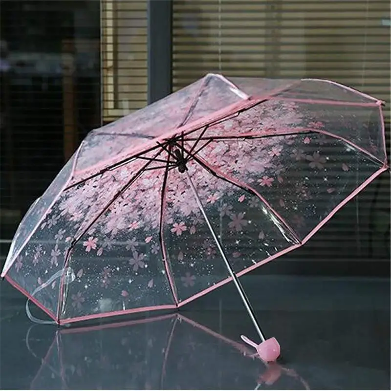 

Korean Umbrella Cute Mini Fresh and Three-Fold Japanese Cherry Blossom Transparent Umbrella Rainproof and Windproof