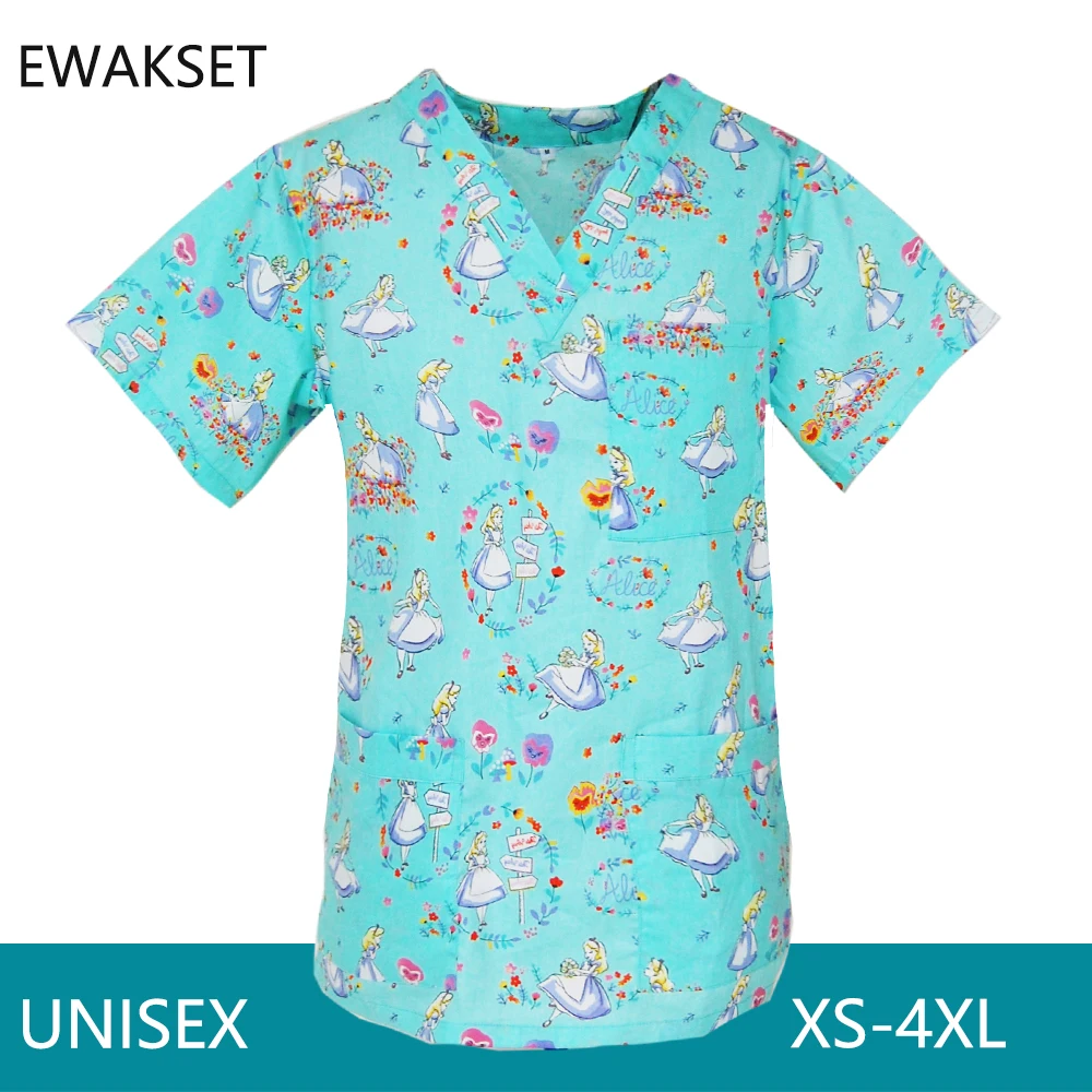 Cartoon printed scrubs medical uniforms women nurse Accessories Beauty Salon Fashion Slim Fit Scrub Top Clinical uniforms woman