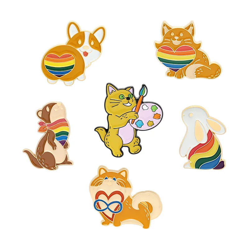 Konijn Regenboog Scheet Kat Email Reversspelden Koppels Witte Zwarte Broches Cartoon Dieren Badge Rugzak Sieraden Cadeau Voor Kinderen