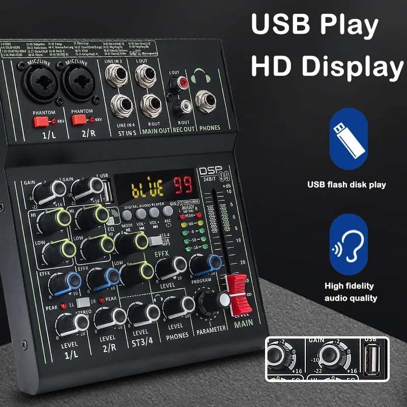 

Mini 4 Channel Audio Mixer Individual +48V Phantom Power 99 DSP Effects Bluetooth USB Computer Play Record Mixing Console