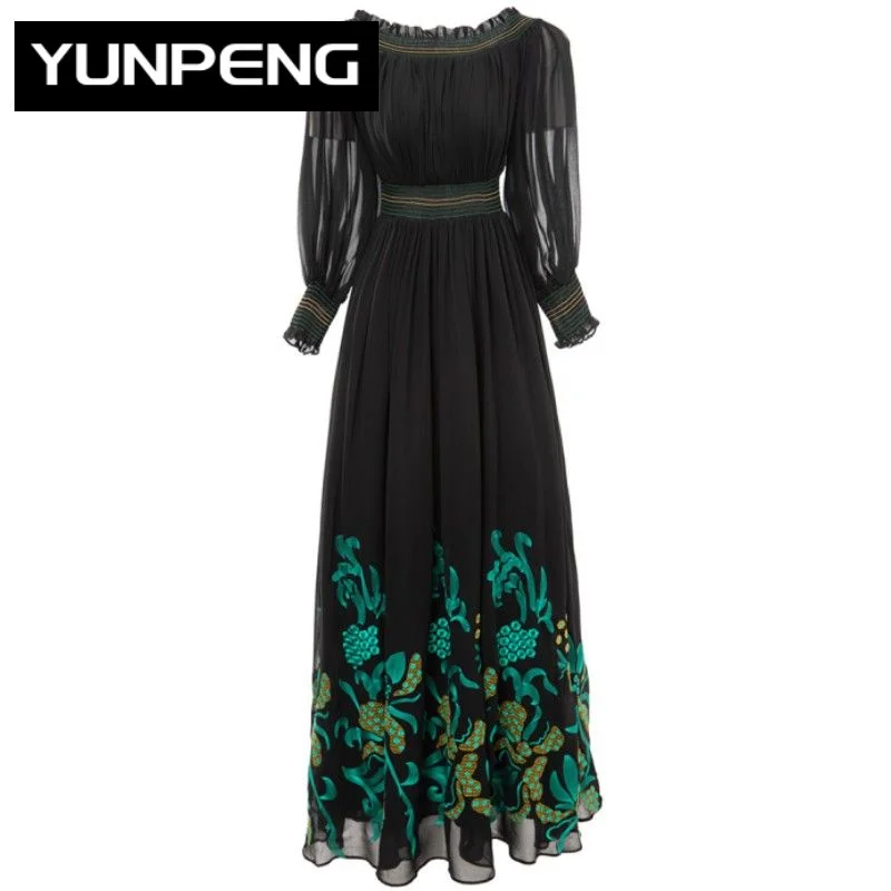 

Dresses For Women 2023 Elegant High Quality Spring Slash Neck Lantern Sleeve Elastic Waist Embroidery Black Long Party Dress