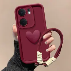 Love Heart Shockproof Phone Case with Hand Strap - Durable Protective Cover for Honor X6D (Wine)