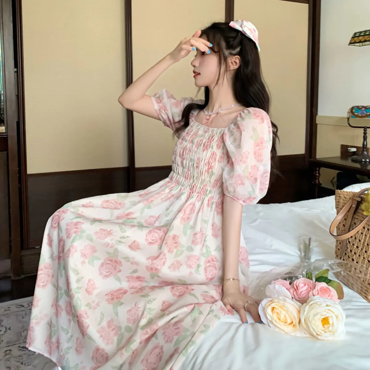 Dresses Women Puff Sleeve Soft Pink Cute Party Summer Tunic A-LINE Fashion Female Floral Vintage Elegant Princess St