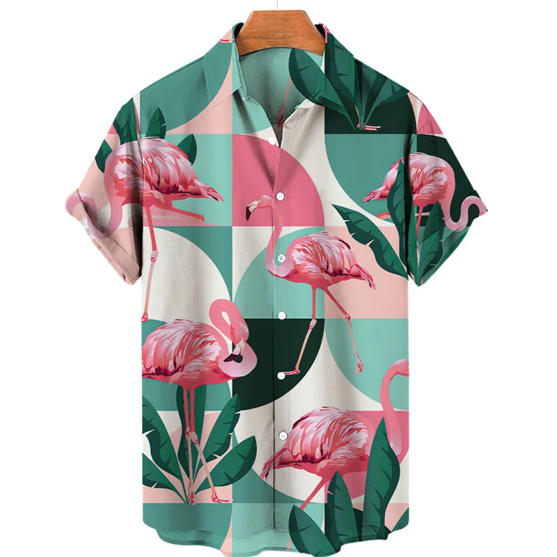 thumbnail image 1 of Camisa hawaiana con estampado 3D de flamencos de jungla tropical para hombre, blusa holgada de manga corta de verano estilo urbano de estilo Harajuku con solapa y botones, 1 of 5