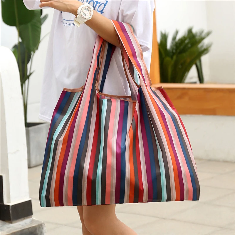 Rainbow Striped Large Capacity Shopping Tote Bag, Nylon Foldable