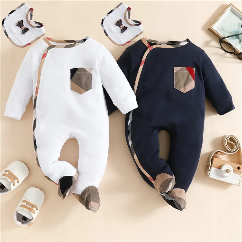 2PCS/Set New Fashion Plaid Baby Romper+Bib Newborn Cotton Baby Overalls Girls Clothing One Piece Pocket Jumpsuits