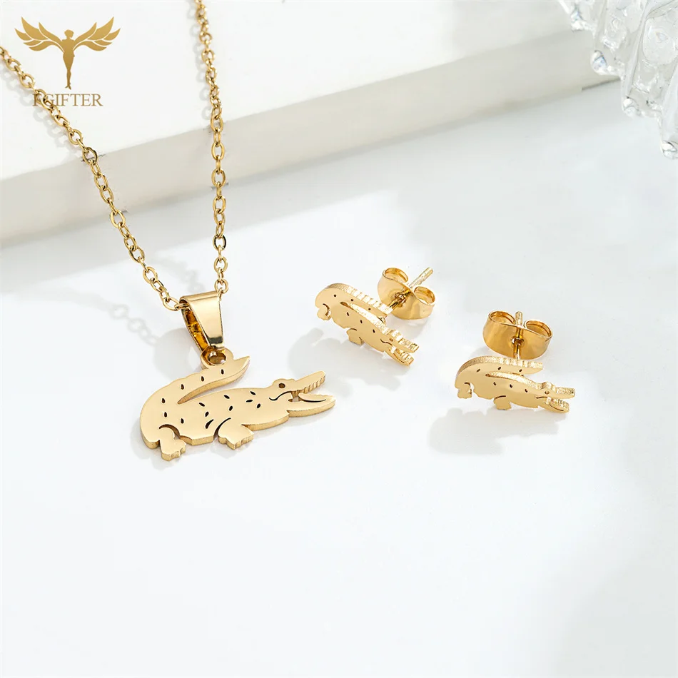 Fashion Crocodile Jewelry Set High Quality Stainless Steel Stud Earrings Pendant Chain Necklace Women Accessories Party Gifts