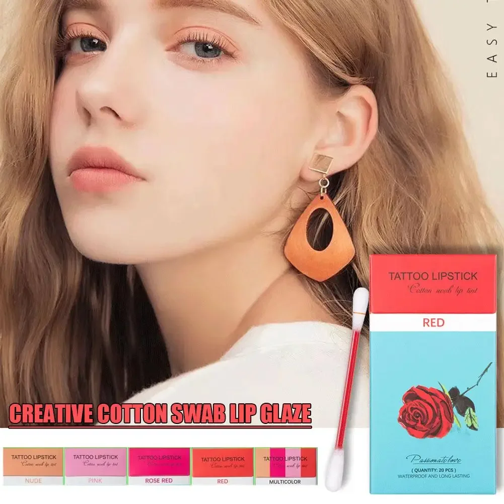 Liquid Lipstick 20cs/Set lip gloss lip makeup Non-Stick Cigarette Tattoo Cotton Swab Design Waterproof Lip Gloss Moisturizing Portable Korean Makeup