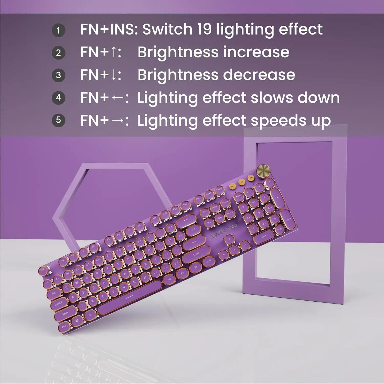 EWEADN V20 Typewriter Keyboard Wireless 104 Keys Mechanical with White Backlit Media Knob Tri-mode Wired Retro Keyboard
