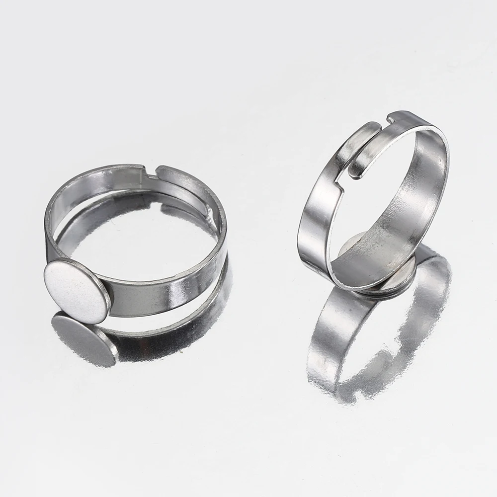 Set of 10 Stainless Steel Adjustable Ring Settings with Round Bezel Blanks