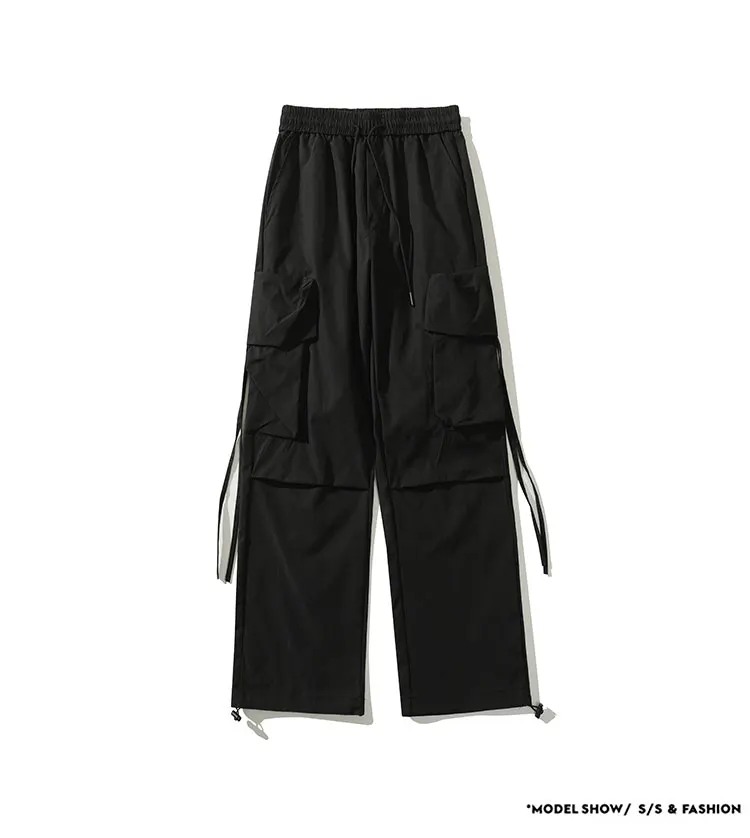 Description Picture 6 of itemMen's Loose Straight Multi-pockets Ribbons Cargo Pants Black Gray