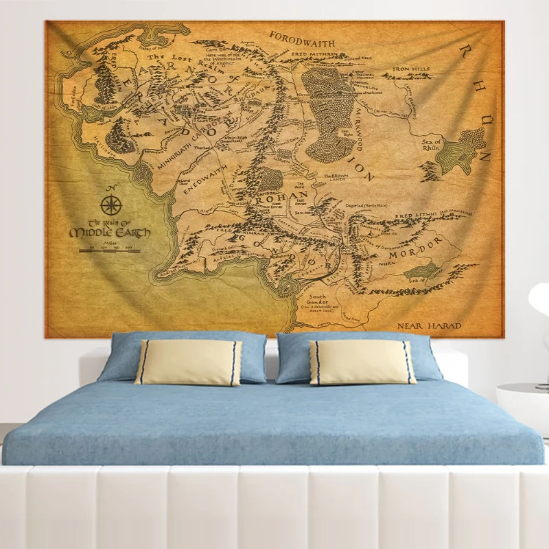 1 Pcs The Rings Middle Earth Map Antique Pirate Treasure Hippie Boho Golden Island Carpet College Dorm Decoration Tapestry