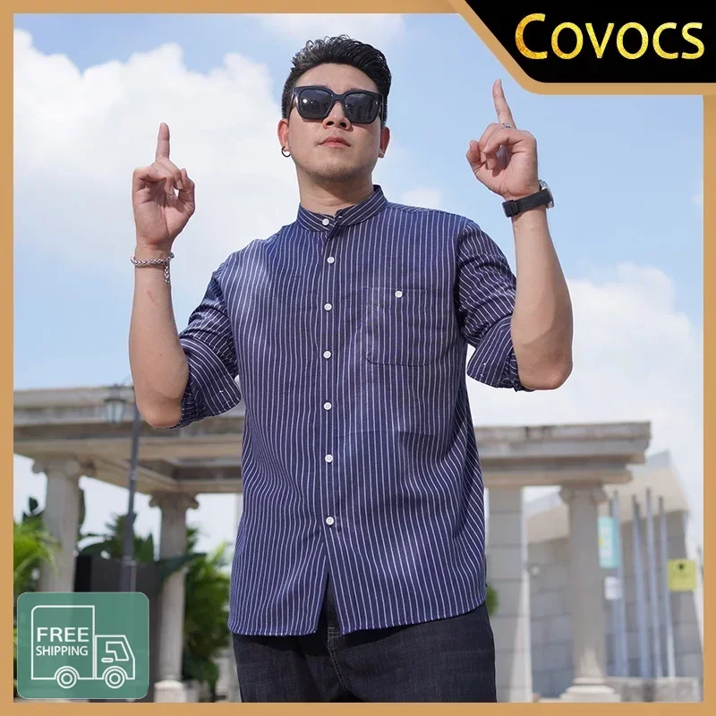 

Large size long-sleeved stand-up collar striped shirt men's spring and autumn fat guy fat brother large loose casual shirt