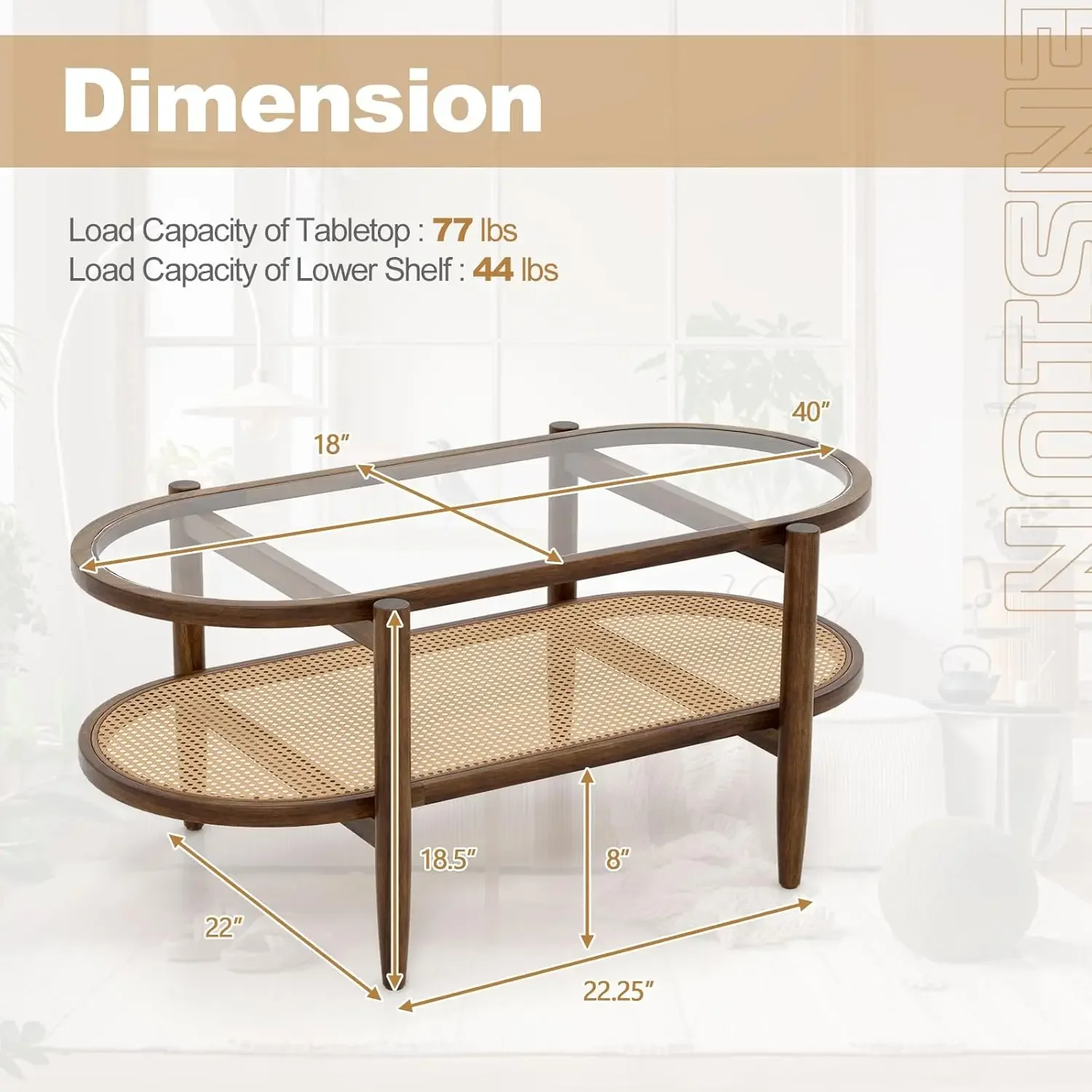 Rattan Coffee Table, 2-Tier Oval Acacia Wood Tea Table w/Tempered Glass Tabletop & PE Rattan Storage Shelf, Boho Cocktail Tables 3