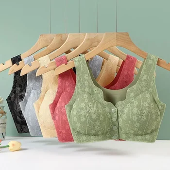 Mom's underwear, middle-aged and elderly women's bras, seamless front open button vest style, oversized summer thin new bra 1