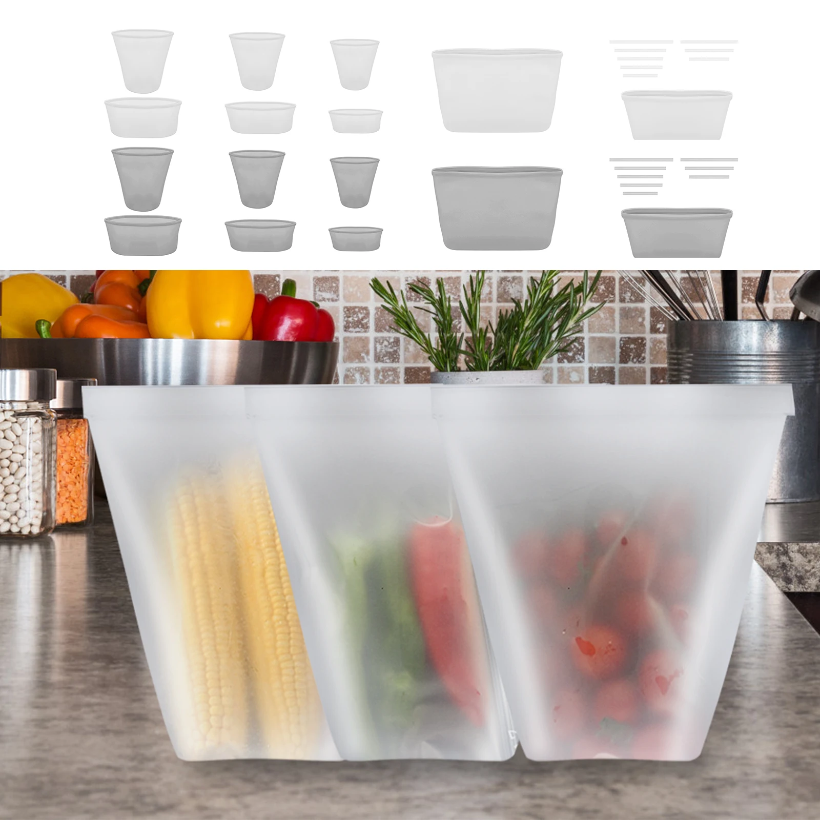 

8Pcs Silicone Food Storage Bag Reusable Freezer Food Bag with 8 Sealing Clip Safe Food Sealing Container Leaf-Proof Sandwich