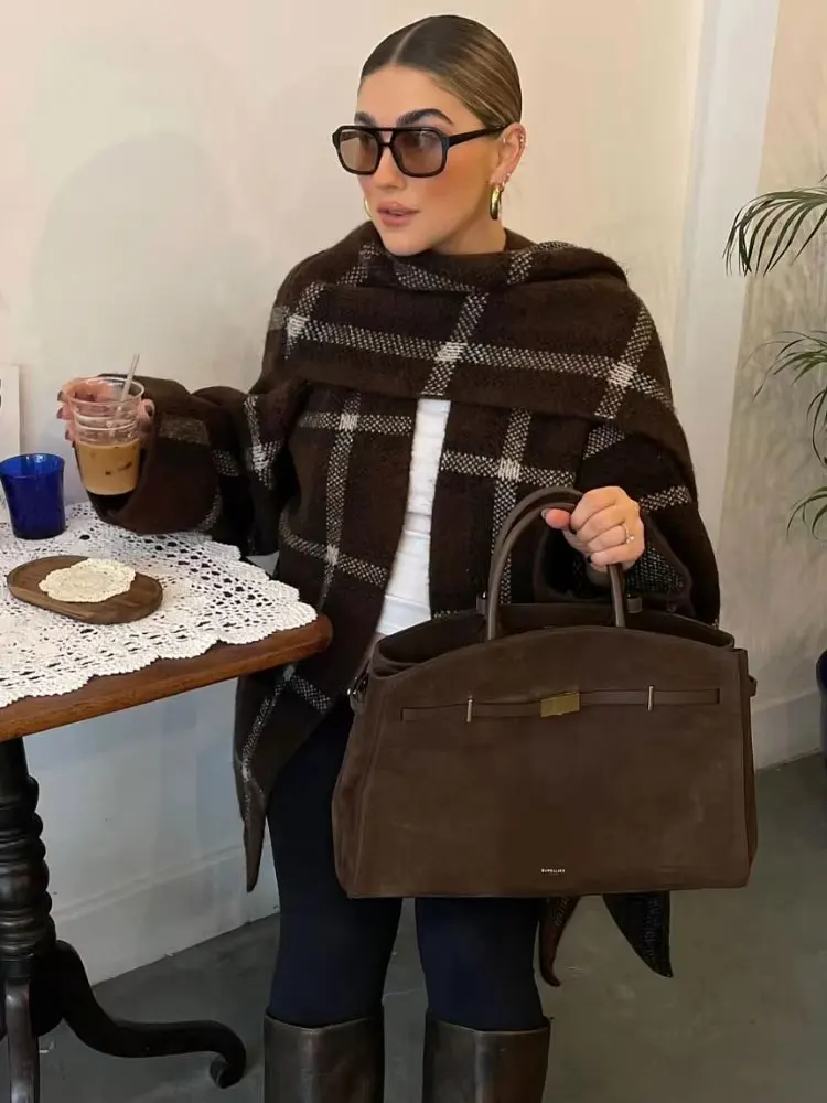 HH Women Elegant Plaid Knit Scarf Collar Coat Loose Casual Long Sleeve Jacket With Pockets 2025 Autumn Winter Warm Outwear