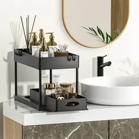 2 Tier Under Sink Organizer Sliding Cabinet Basket Organizer Storage Rack with Hooks Hanging Cup Bathroom Kitchen Organizer 2